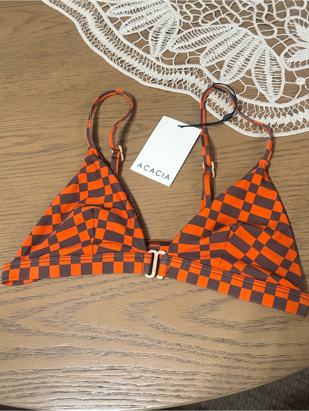 ACACIA Lawai Bikini Top Clementine Orange Brown Checkered Size S NWT